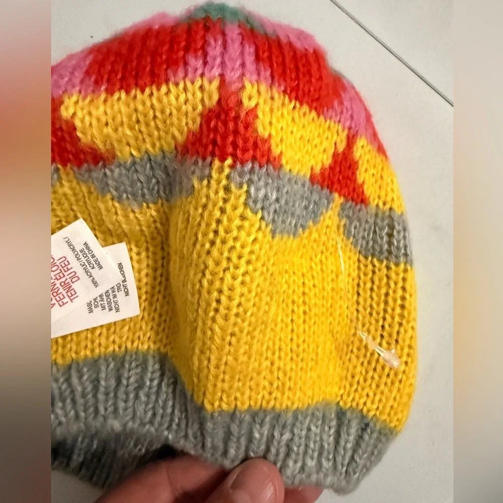 Mini Boden Gray Knit Hat with Pink, Red, Yellow, and Green Accents. Size XS